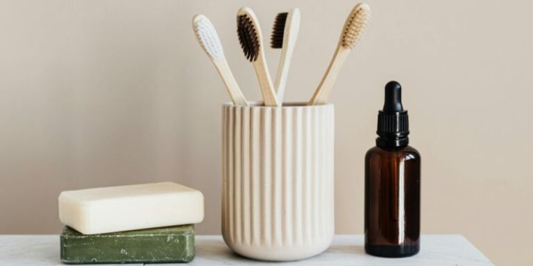 How to look good - Set of natural nonpolluting toiletries on marble table